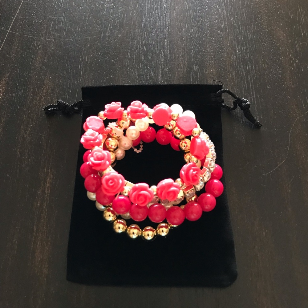 NEW Rose & Pearl Bracelet Set Hot Pink